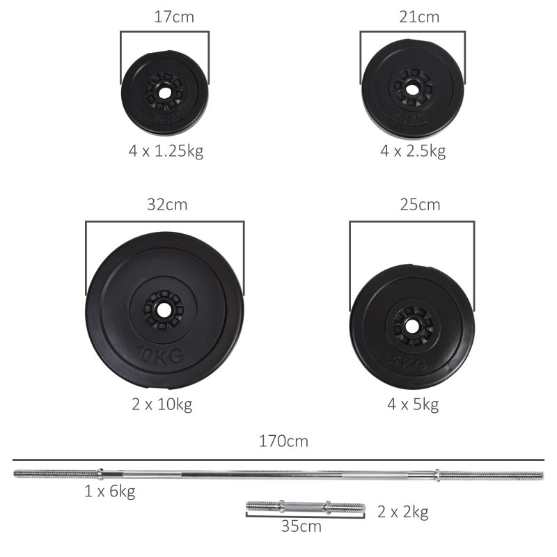 HOMCOM 65kg Adjustable Barbell Weights Set, 2-in-1 Dumbbells and Barbell Set with Knurled Bar, Free Weights Training Equipment, for Home Gym, Exercise