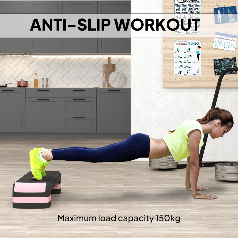 HOMCOM Aerobic Step, 10cm, 15cm & 20cm Height Adjustable Exercise Stepper for Exercise Workout, Nonslip Step Board Great for Home & Office, Black and Pink
