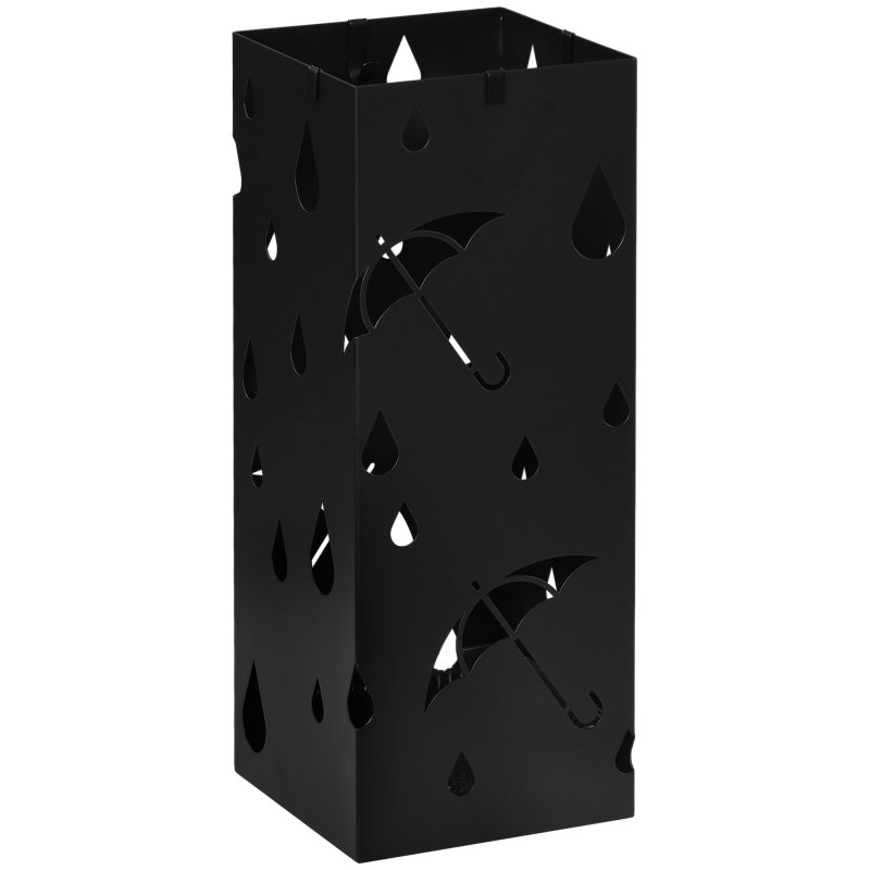 HOMCOM Steel Umbrella Stand, Square Umbrella Holder with 4 Hooks and Removable Drip Tray, Hollowed Umbrella Basket for Hallway