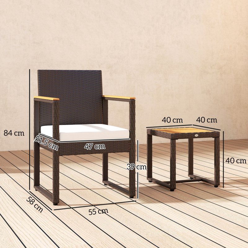 Outsunny 3-Piece Rattan Bistro Set, Patio Table and Chairs Set with Removable Cushions, Rattan Conversation Set with Acacia Wood Table & Adjustable Foot Pads for Garden Balcony, White