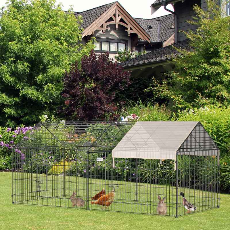 PawHut Rabbit Run Playpen, Guinea Pig Cage with Pitched Roof, Sun Protection Cover, 220 x 103 x 103 cm, Metal Enclosure for Small Animals, Chickens, Ferrets, Beige