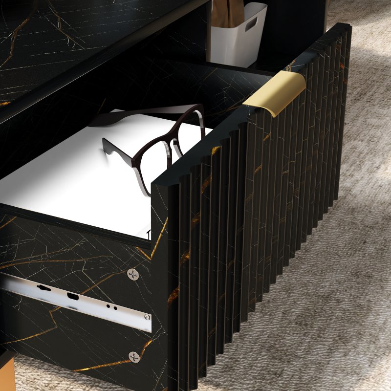 HOMCOM Marble-Effect Coffee Table with Storage, Living Room Table with Drawer and 2 Open Shelves, Modern Centre Table with Fluted Door, Black