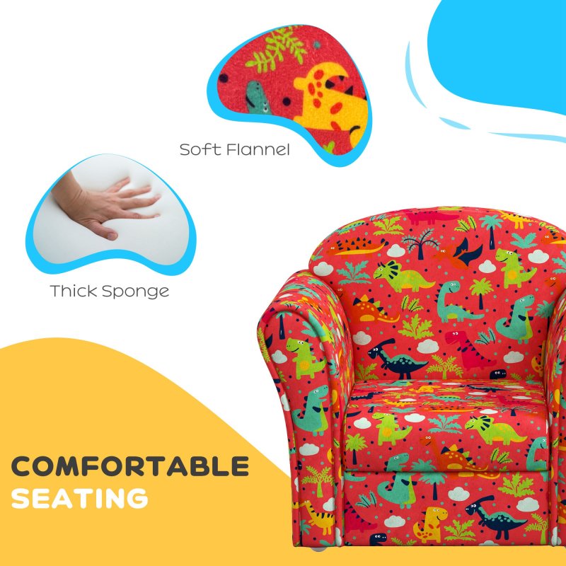 AIYAPLAY Kids Sofa Chair, Toddler Armchair with Dinosaur Design, Wooden Frame, Upholstered Toddler Chair for Bedroom, Playroom, Kids Room - Red