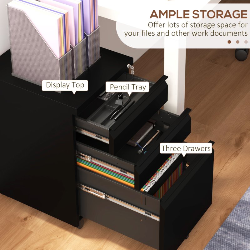 Vinsetto 3-Drawer Filing Cabinet with Lock, Mobile Steel File Cabinet for A4, Legal and Letter Size, Under Desk Drawers with Pre-Assembled Body for Home Office, 37 x 43.5 x 60 cm, Black