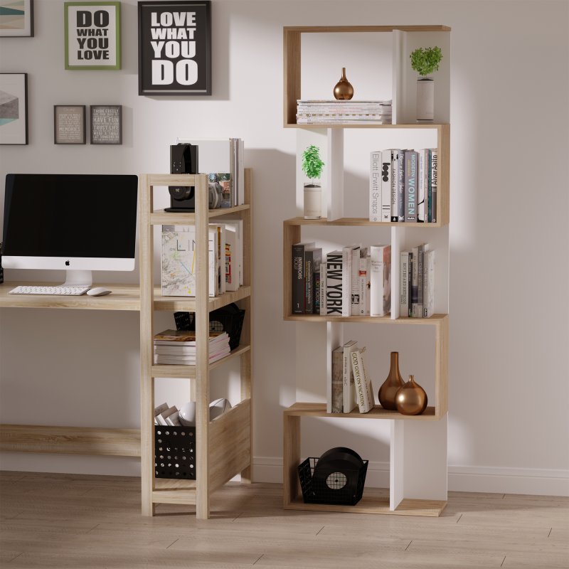 HOMCOM Bookcase, S-Shaped Wooden Bookshelf, 5/6 Tiers Freestanding Storage Shelf, Home Office Decorative Display Stand Rack, 24D x 60W x 184.5H
