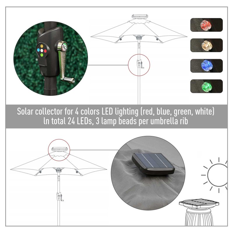 Outsunny 2.7m Garden 24 LED Light Parasol Solar Outdoor Tilt Sun Umbrella Patio Club Party Event Manual Sun Shade w/ Hand Crank and 8 Ribs, Grey