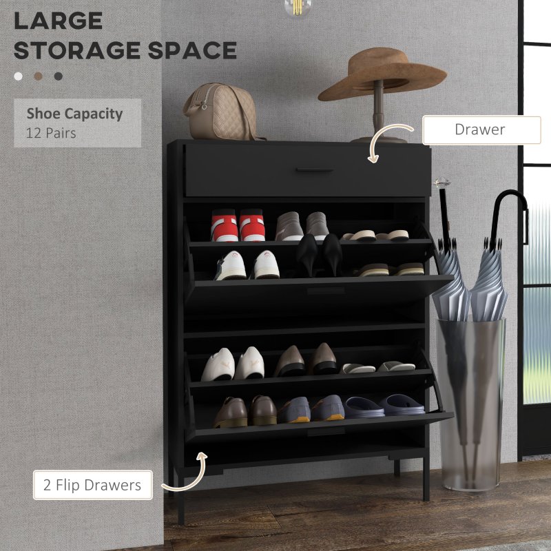 HOMCOM 3 Drawer Shoe Cabinet with 2 Flip Doors, Sliding out Drawer and Adjustable Shelf for 12 Pairs of Shoes, Narrow Shoe Storage Cabinet for Hallway, Entryway