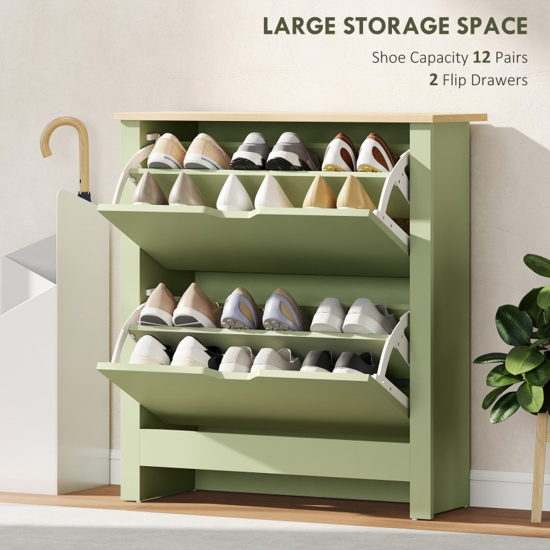 HOMCOM Narrow Shoe Cabinet, Space Saving Shoe Storage Cabinet with 2 Flip Drawers and Adjustable Shelves for 6-12 Pairs of Shoes for Hallways and Living Room, Green