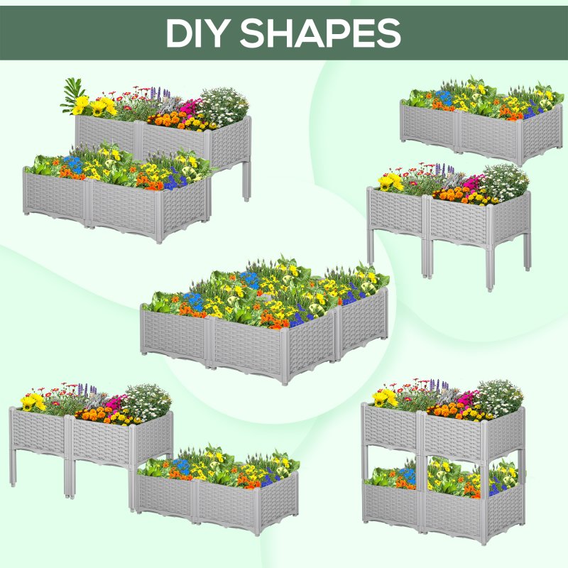 Outsunny Set of 4 26L Garden Raised Bed Elevated Patio Flower Plant Planter Box PP Vegetables Planting Container, Grey