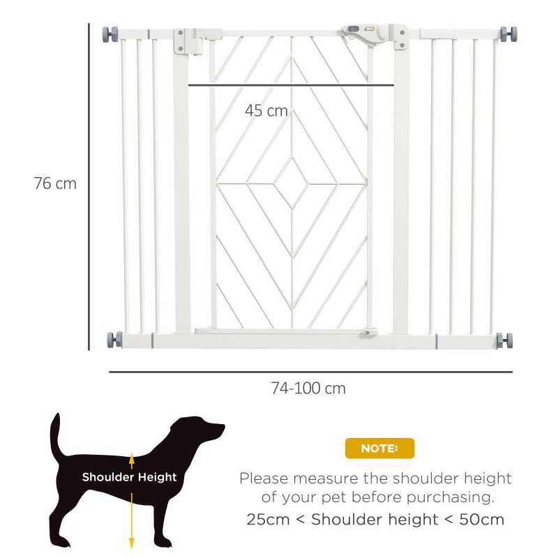 PawHut Pressure Fit Safety Gate for Doorways and Staircases, Dog Gate with Auto Closing Door, Pet Barrier for Hallways with Double Locking, Openings 74-100cm - White
