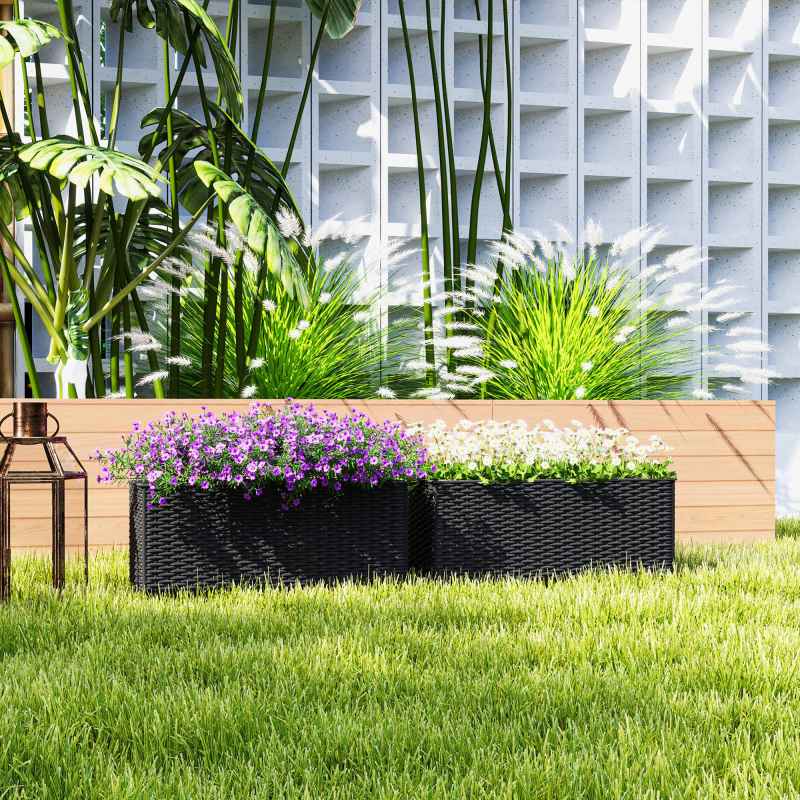 Outsunny Set of 2 Hanging Flower Boxes, 50 cm Long, Rattan Look Flower Pot with Drainage Holes and Hooks, Railing Box for Fence Balcony Garden