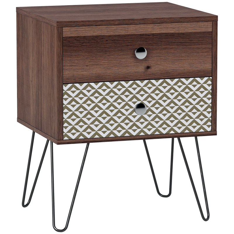 HOMCOM 2-Drawer Bedside Table, Boho Wooden Nightstand Storage Unit, Bedside Cabinet with Steel Frame, Sofa End Side Table for Living Room, Bedroom, Small Space, Rustic Brown