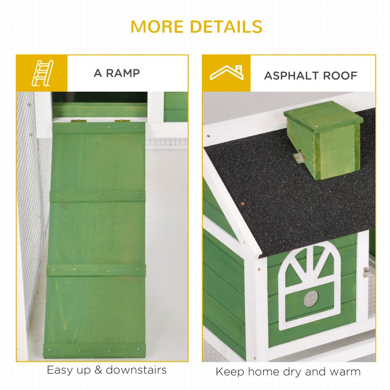 PawHut 2 Tiers Rabbit Hutch and Run Wooden Guinea Pig Hutch Outdoor with Sliding Tray, Ramp, Water-resistant Roof, for 2-4 Rabbits, Green