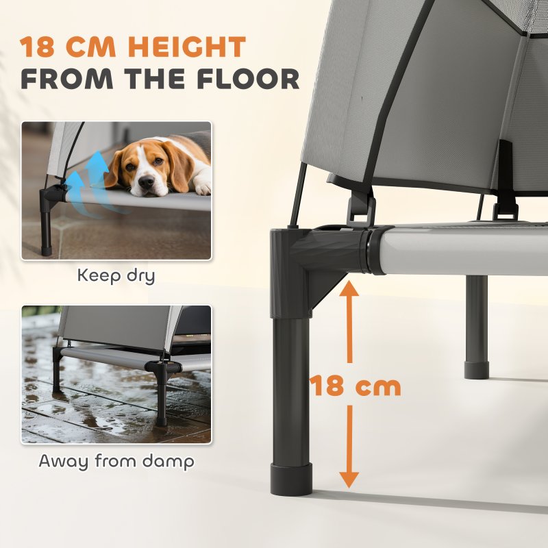 PawHut Elevated Dog Bed with Removable Canopy, Portable Cooling Raised Pet Cot with Breathable Mesh, Storage Bag, for Indoor Outdoor Use, for Small Medium Dogs, 76 x 61 x 70 cm, Light Grey