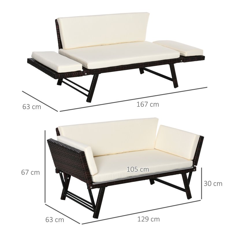 Outsunny Rattan Garden Sofa Bed with Adjustable Armrests, 2-in-1 Convertible Couch Garden Daybed Lounger, Outdoor Folding Chaise Lounge Loveseat with Cushions for Porch, Patio, Brown