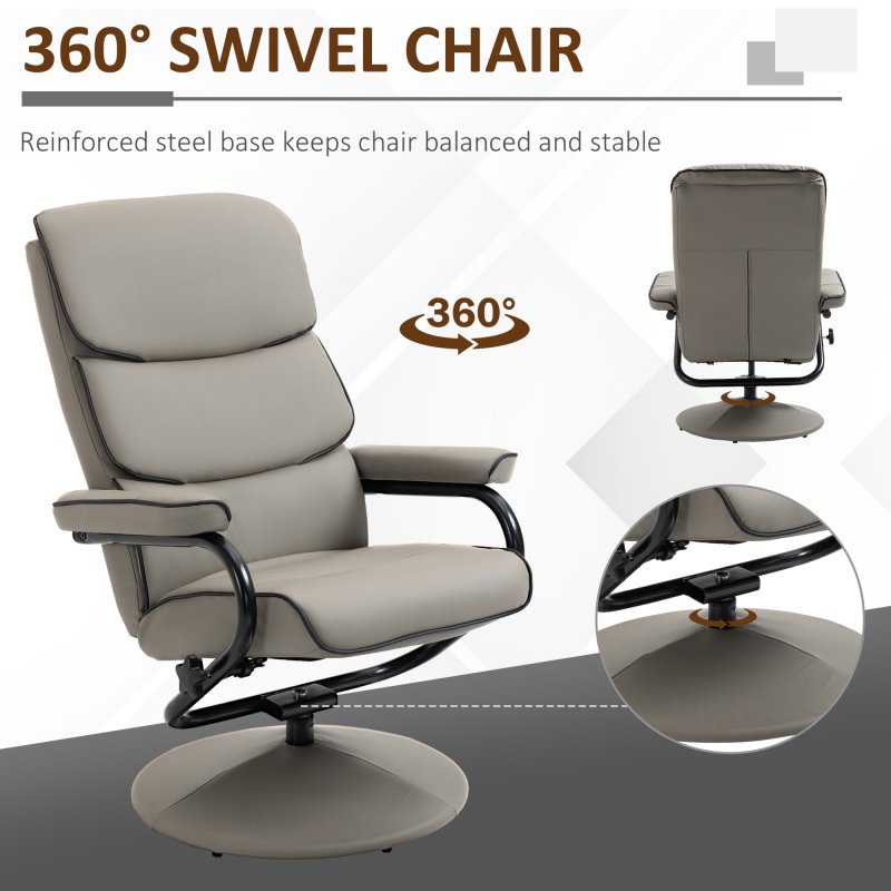 HOMCOM Recliner Chair with Ottoman 360 Degree Swivel Faux Leather High Back Armchair Lounge Seat w/ Footrest Stool, 135 degree Adjustable Backrest and Thick Foam Padding for Home Office Living Room