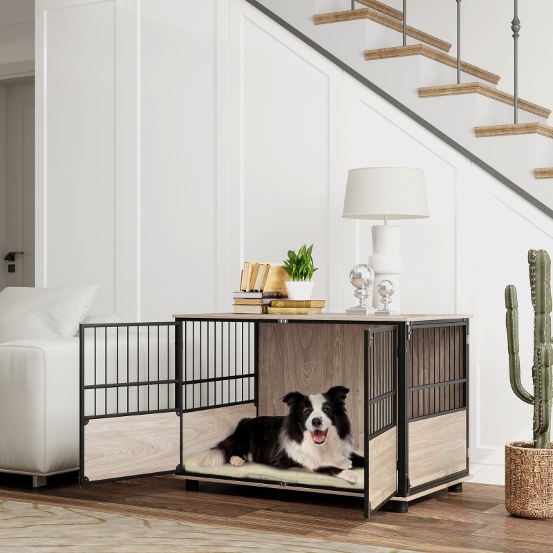 PawHut Dog Crate Furniture, Dog Cage End Table Indoor with 3 Doors, Furniture Style Dog Crate with Soft Washable Cushion, for Large Dogs, 100L x 60W x 68Hcm