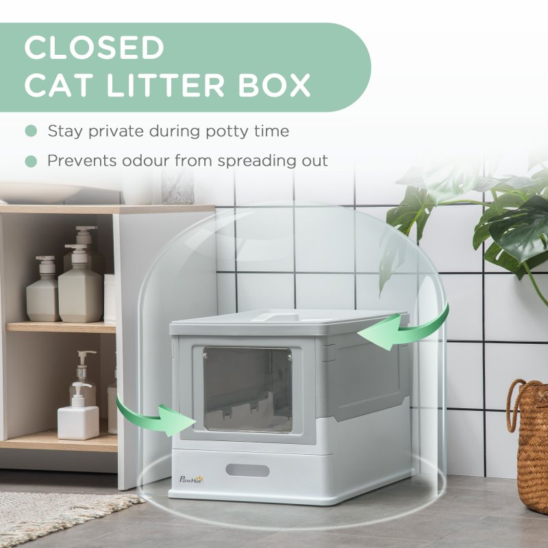 PawHut Cat Litter Tray with Hood Enclosed Cat Litter Box Pet Toilet w/ Lid, Scoop, Front Entry, 47.5 x 35.5 x 36.7cm - Grey