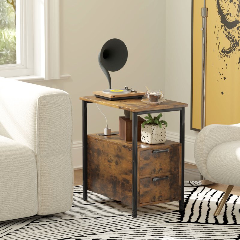 HOMCOM Side Table with Charging Station, USB Ports and Power Outlets, Narrow Bedside Table with 2 Drawers and Shelf for Living Room, Bedroom, Rustic Brown