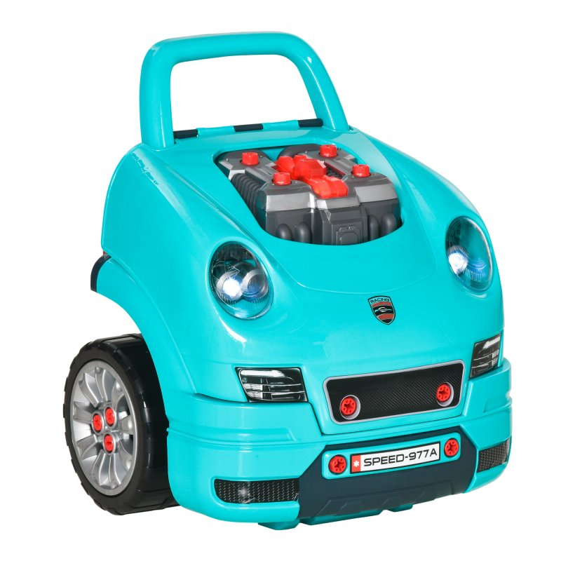HOMCOM Kids Truck Engine Toy Set Toddler Educational Car Service Station w/ RC Car Key Steering Wheel Horn Light, Mechanic Gifts for Ages 3-5 Years - Teal