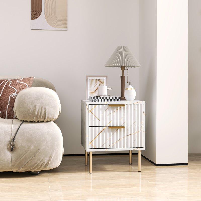 HOMCOM Marble Pattern Bedside Table, Fluted Bedside Cabinet with 2 Drawers, Side End Table with Steel Legs for Bedroom, White