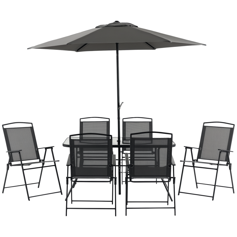 Outsunny 8 Pieces Metal Garden Furniture Set with Parasol and Folding Chairs, Garden Dining Set, 6 Seater Outdoor Table and Chairs with Tempered Glass Top, Black