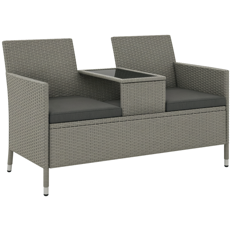 Outsunny 2 Seater Rattan Sofa with Cushions, Wicker Garden Loveseat with Armrests, Outdoor Garden Sofa Couch with Metal Frame for Patio, Grey