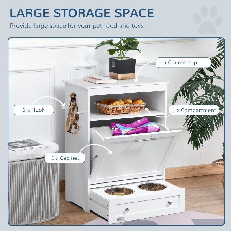 PawHut Pet Feeder Station, Dog Food Storage Container w/ Raised Dog Bowls, Hanger, for Food and Water - White