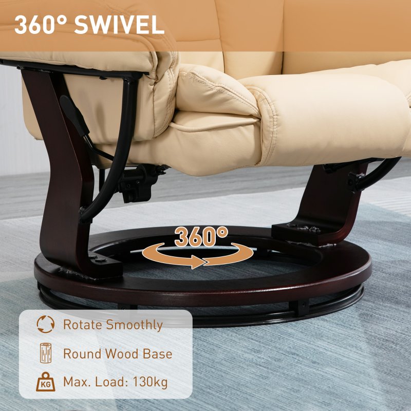 HOMCOM Recliner Chair With footstool, Recliner Armchair up to 130kg Weight Capacity, 135 Reclining Swivel Sofa Chair, PU Leather Ergonomic Couch Bed with Swivel Wood Base for Living Room, Beige