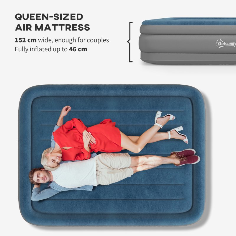 Outsunny King Size Air Bed with Built-in Pump, Inflatable Mattress with Carry Bag, Flocked Surface, Blow Up Airbed for Guest, Camping, Travel, 203 x 152 x 46cm, Blue and Grey