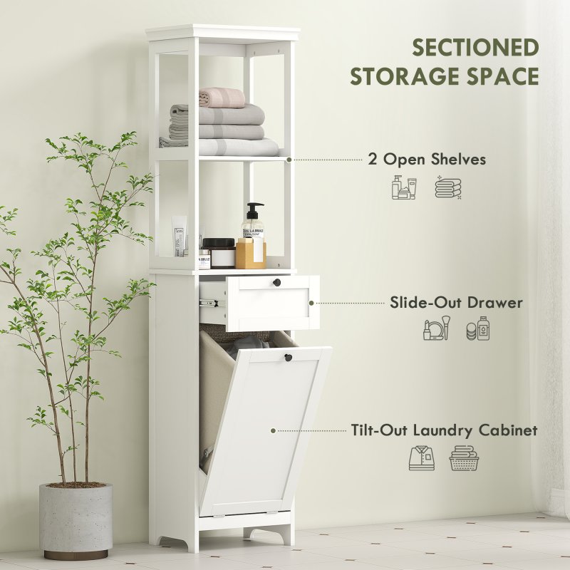 HOMCOM Tall Bathroom Cabinet with Removable Laundry Basket, Slim Bathroom Storage Unit with Tilt-Out Laundry Cabinet, 2 Open Shelves and Drawer, 40 x 30 x 165 cm, White