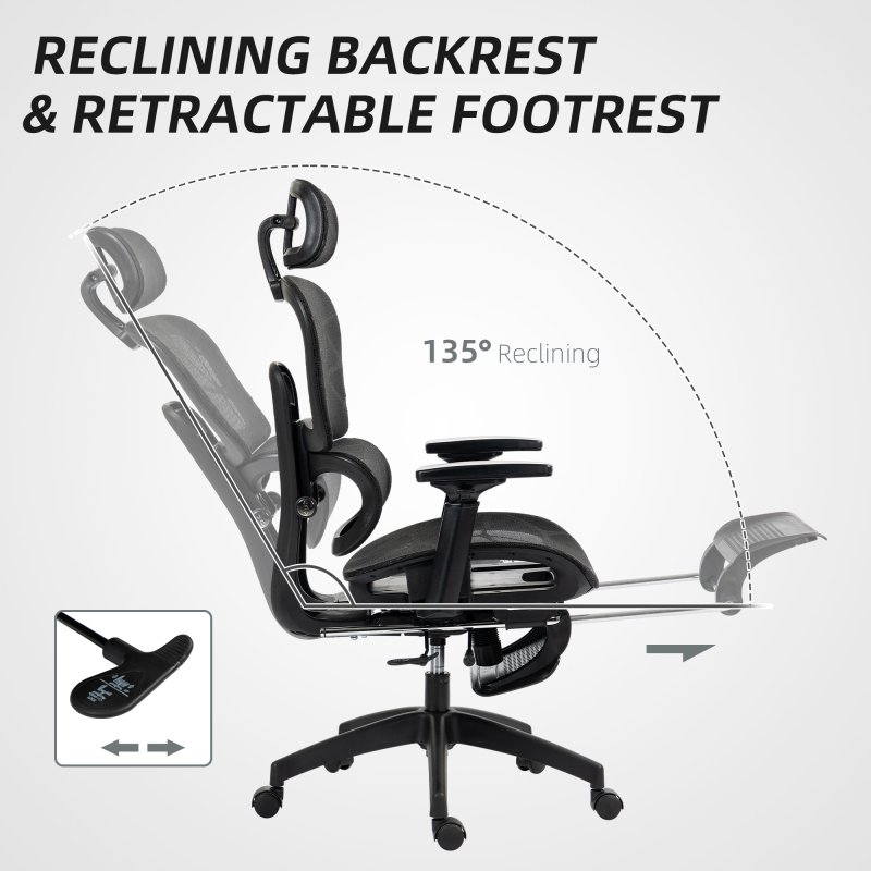 HOMCOM Ergonomic Office Chair, Mesh High Back Computer Desk Chair with 3 Level Adjustable Back, Adjustable Lumbar Support, Swivel Recliner with 3D Armrest, Headrest, Footrest, Black