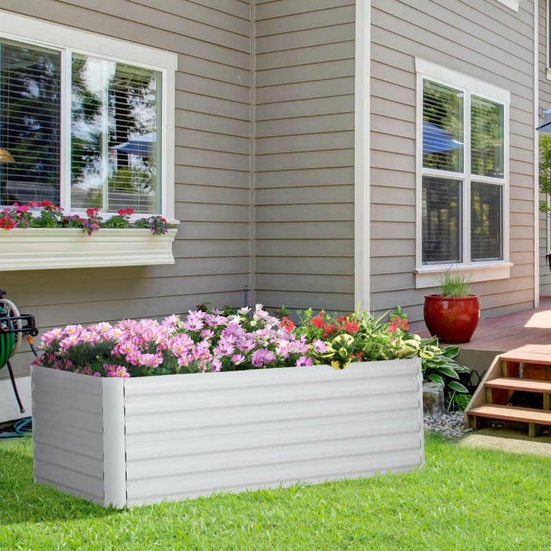 Outsunny Raised Beds for Garden, Galvanised Steel Outdoor Planters with Multi-reinforced Rods for Vegetables, Plants, Flowers and Herbs, 180 x 90 x 59 cm, Light Grey