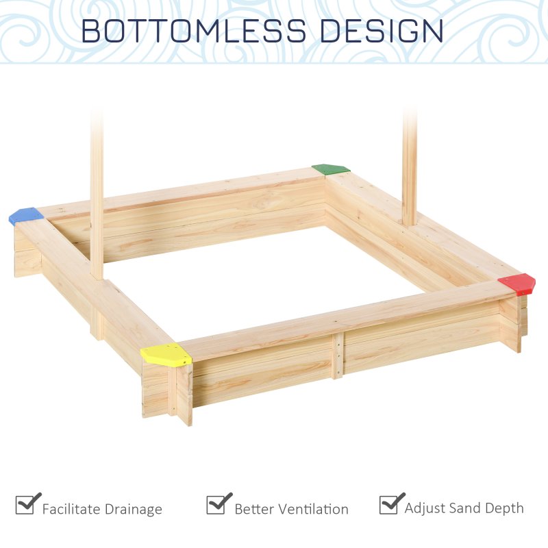 Outsunny Kids Wooden Sand Pit Sandbox Children Square Outdoor Playset Adjustable Canopy Bench Seat 120x120x120cm