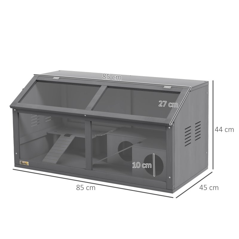 PawHut Wooden Hamster Cage, Gerbil Cage for Syrian Hamster with Exercise Play House, Openable Top 85 x 45 x 44cm - Grey