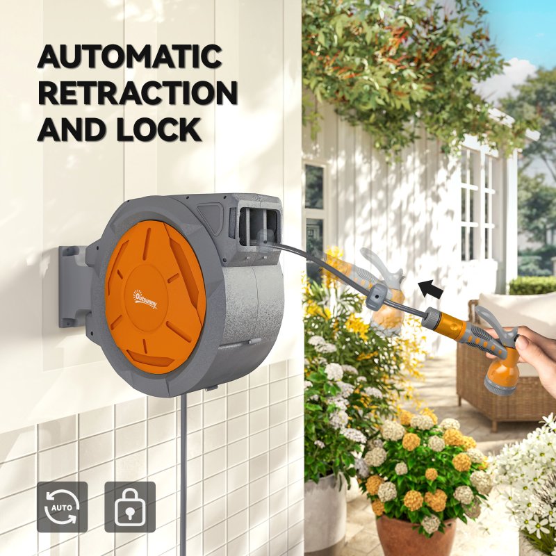 Outsunny Retractable Hose Reel Wall Mounted, 30+2m Garden Hose Pipe Reel with Lock, Auto Rewind, 7 in 1 Spray Nozzle, Includes Wall Fixings, 180?? Swivel, Outdoor Watering, Orange