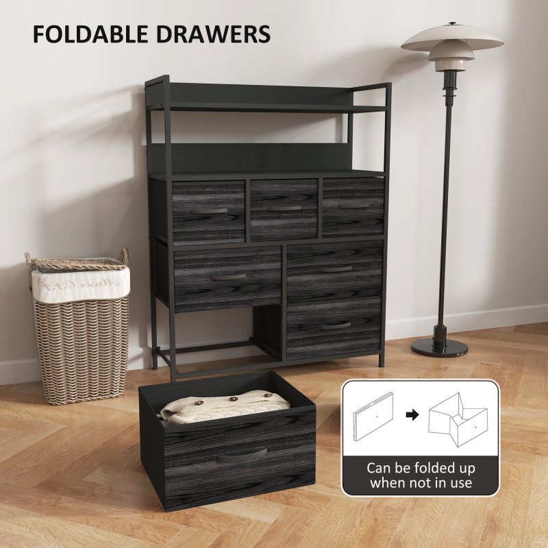 HOMCOM Bedroom Chest of Drawers, Fabric Dresser with 7 Drawers, Storage Organiser Unit with Open Shelves and Metal Frame for Living Room, Entryway