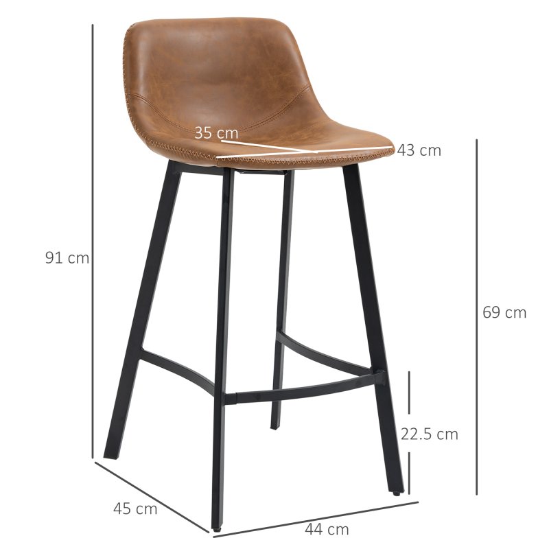 HOMCOM Bar Stools Set of 2, PU Leather Kitchen Stools, Upholstered Breakfast Bar Chairs with Backrest, Steel Legs for Home, Dining Room, Brown