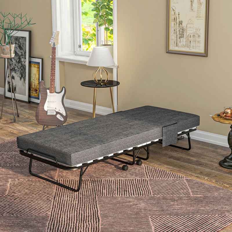 HOMCOM Folding Bed with Mattress, Foldable Guest Bed on Wheels, Portable Single Bed with 10cm Mattress, Side Pockets, Cover, 190 x 80cm, Dark Grey