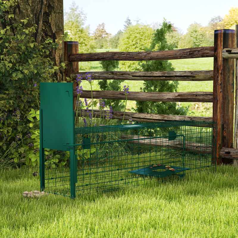 Outsunny Single Door Humane Rat Trap for Small Animals, Metal Outdoor and Indoor Squirrel Trap for Mice, Cats, Rabbits, 100 X 25 X 28cm, Dark Green