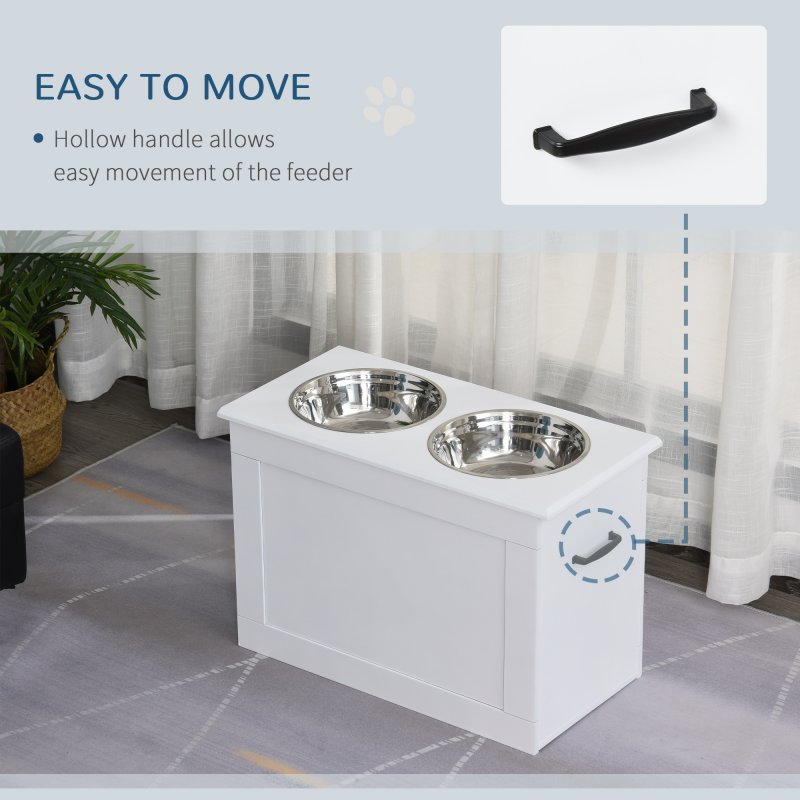 PawHut Raised Dog Bowls, Pet Feeding Storage Station with Two Stainless Steel Bowls, Base, for Large Dogs, White