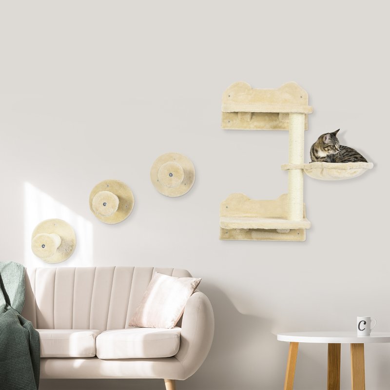 PawHut 4 Piece Cat Shelves Cat Wall Furniture Wall-Mounted Cat Tree for Indoor Cat w/ Hammock, Steps, Platforms, Scratching Post - Beige
