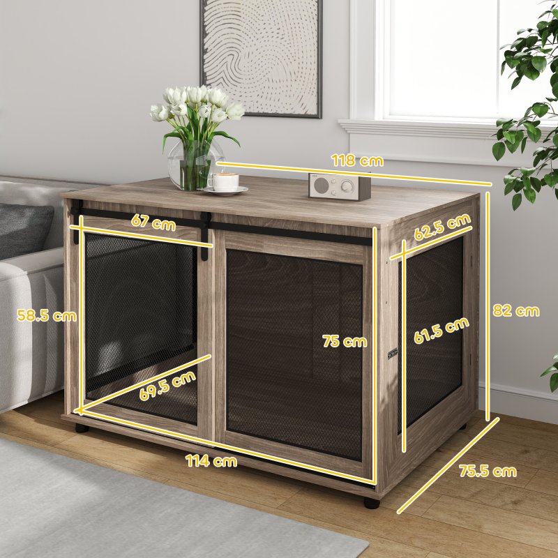 PawHut Dog Crate Furniture, Dog Cage End Table with Sliding Door, Pet Kennel for Extra Large Breeds, 118 x 75.5 x 82cm, Walnut Brown