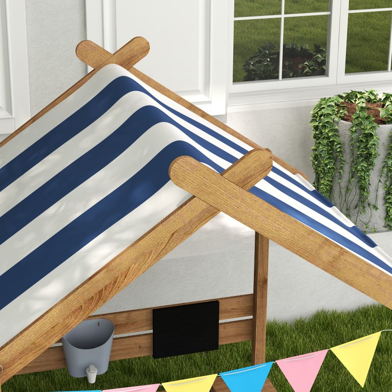Outsunny Sand Pit Wooden Sandpit Kids Sandbox House for Outdoors, Gardens with Canopy, Liner, Blackboard, Sink, Seats, Flags, for Ages 3-7 Years - Brown