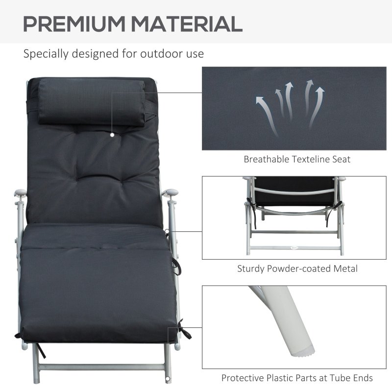 Outsunny Sun Lounger Steel Frame Outdoor Folding Chaise Texteline Lounge Chair Recliner with Headrest & 7 Levels Adjustable Backrest, Black