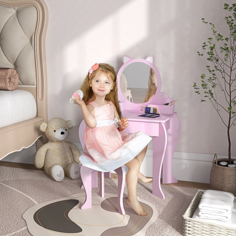 ZONEKIZ Kids Dressing Table, Kids Vanity Table, Girls Dressing Table with Mirror, Stool, Drawer, Storage Boxes, Cat Design, for Ages 3-6 Years - Pink