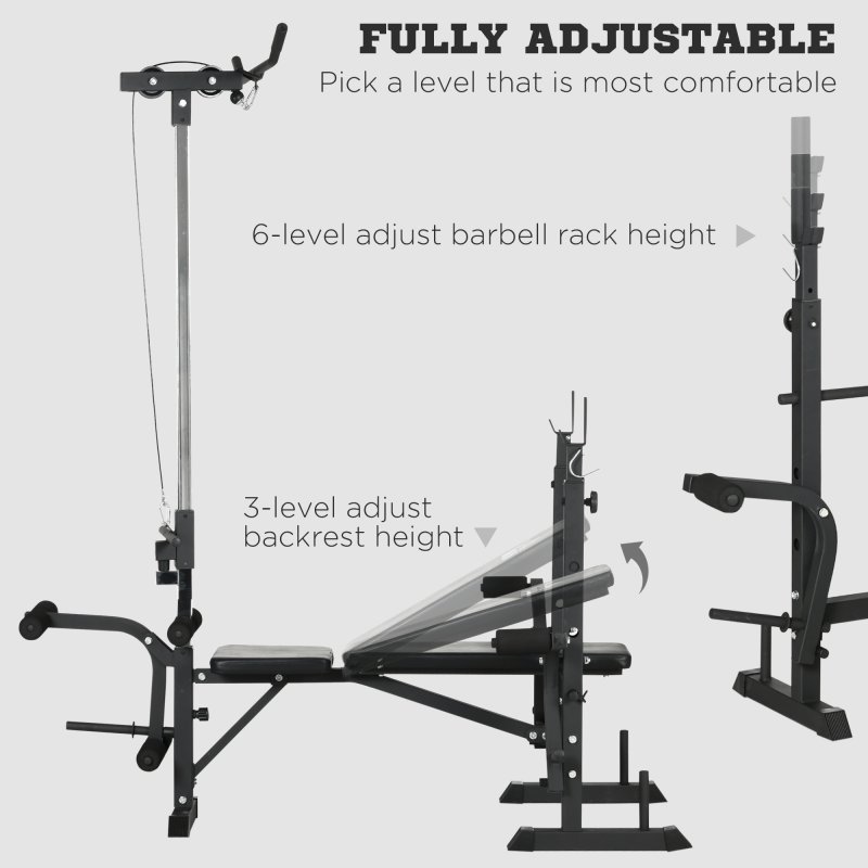HOMCOM Adjustable Weight Bench with Pulley System, Incline Bench Press Set with Squat Rack, Leg Developer, Butterfly and Weight Storage, for Home Gym Full Body Workout