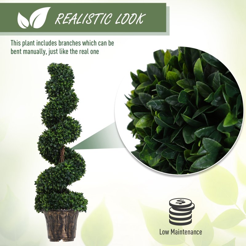 Outsunny Set of 2 Artificial Boxwood Spiral Topiary Trees Potted Decorative Plant Indoor D??cor 120cm