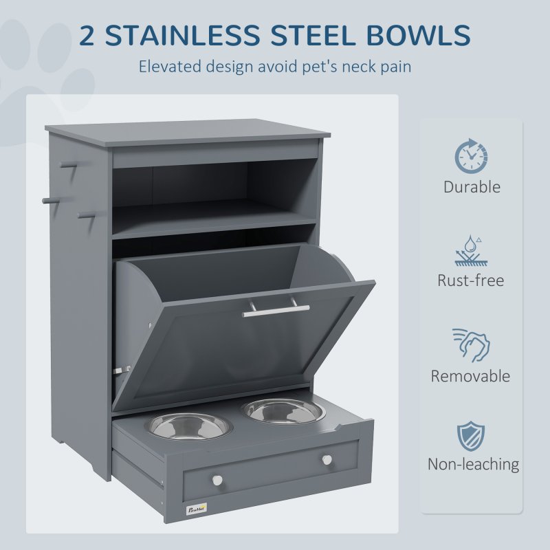 PawHut Pet Feeder Station, Dog Food Storage Container w/ Raised Dog Bowls, Hanger, for Food and Water - Grey