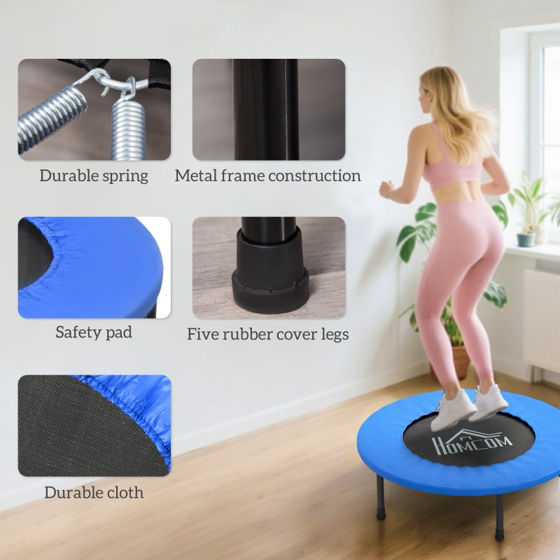 HOMCOM 32" Mini Fitness Trampoline Home Gym Yoga Exercise Rebounder Indoor Outdoor Jumper with Safety Pad, Support Up to 100 KG, Blue and Black